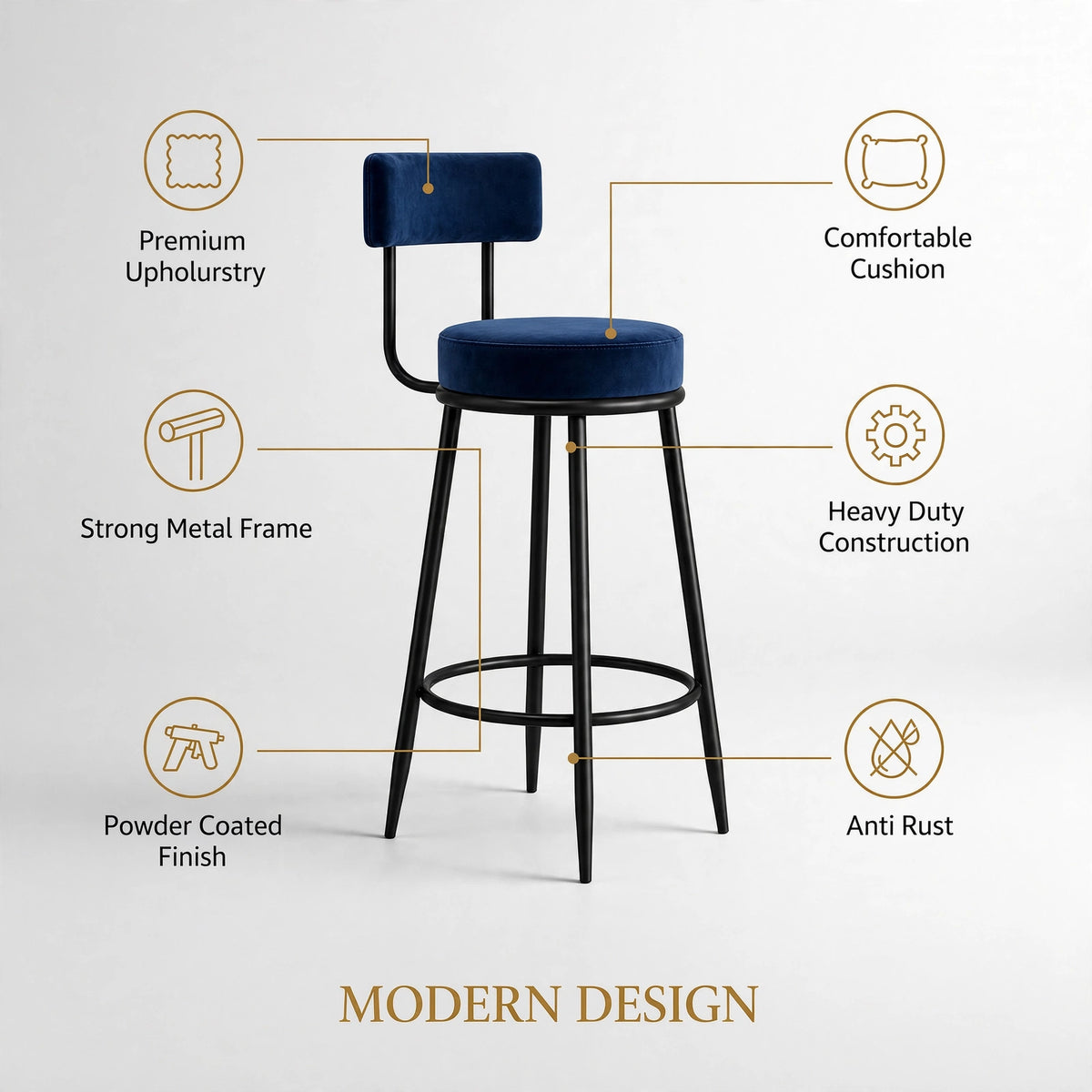 Nutech Decor Velvet Counter Height Bar Stool with Padded Backrest with Black & Gold Legs | Kitchen & Bar Seating