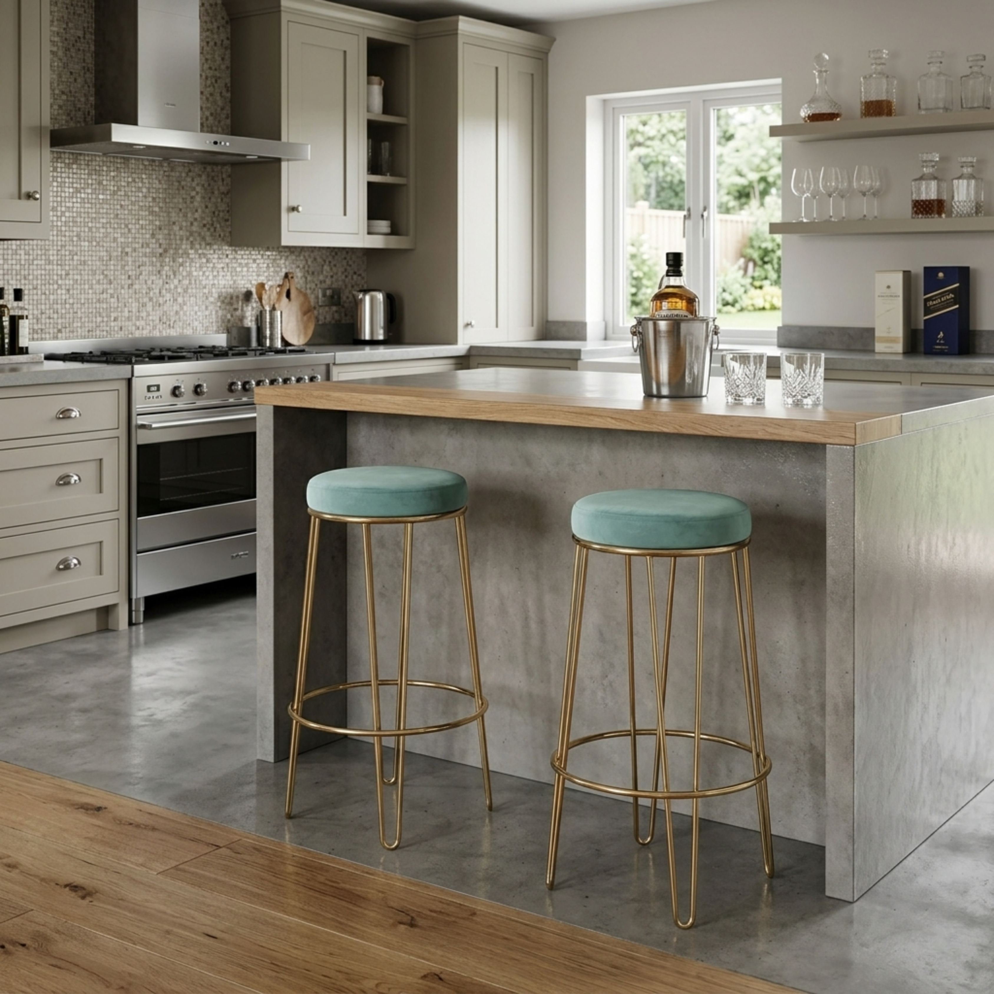 Velvet Bar Stool with Gold Metal Frame | Turquoise Upholstered Counter & Café Seating
