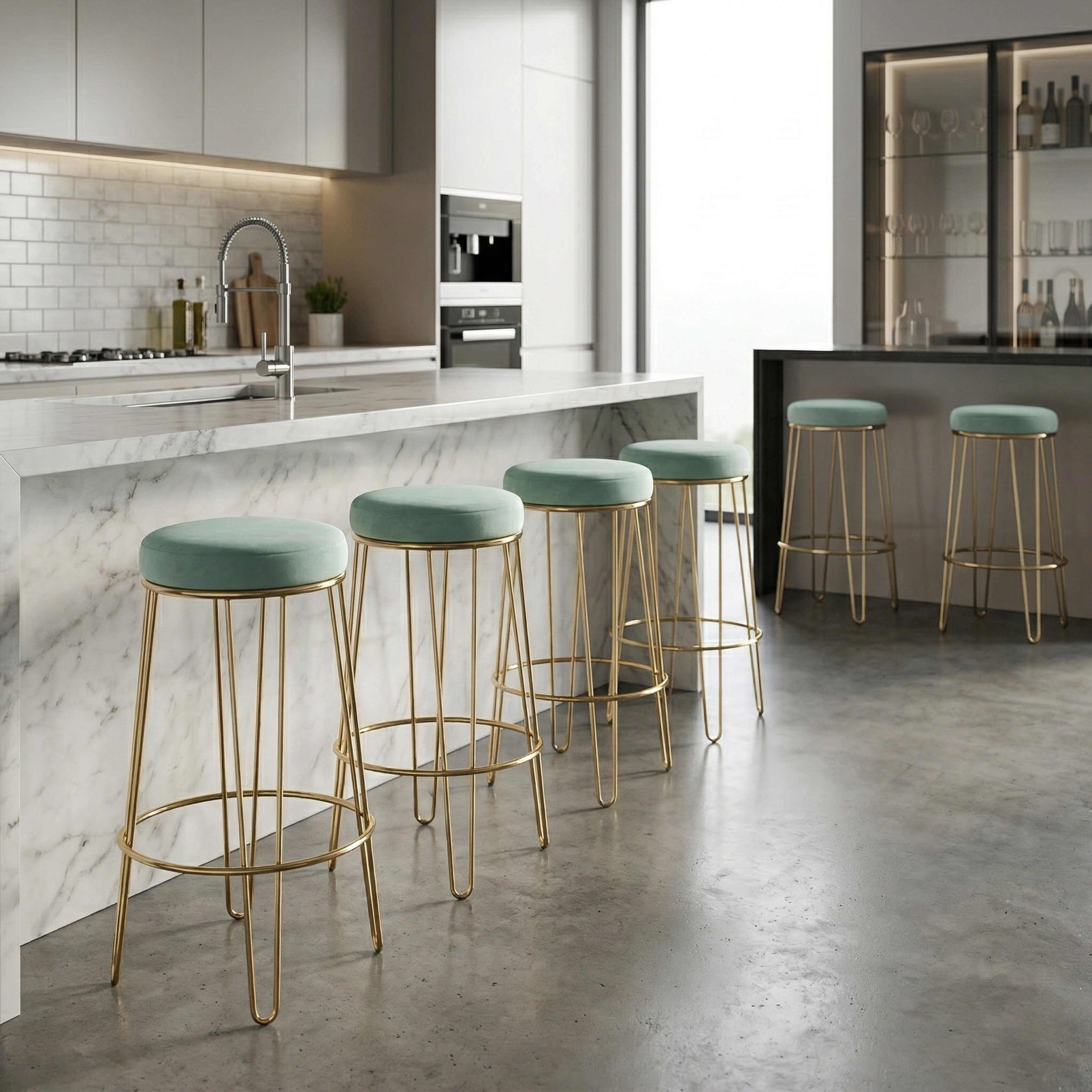 Velvet Bar Stool with Gold Metal Frame | Turquoise Upholstered Counter & Café Seating