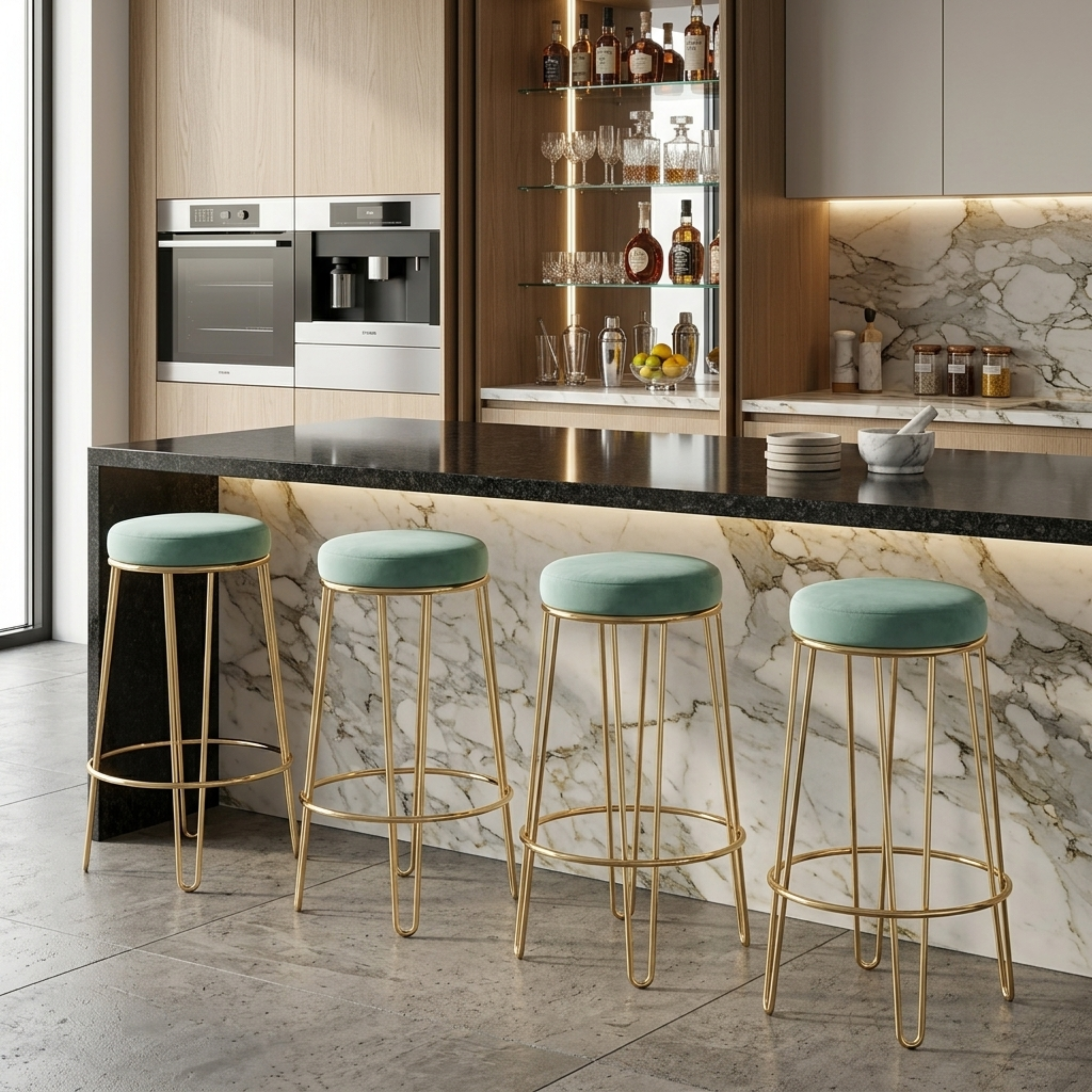 Velvet Bar Stool with Gold Metal Frame | Turquoise Upholstered Counter & Café Seating