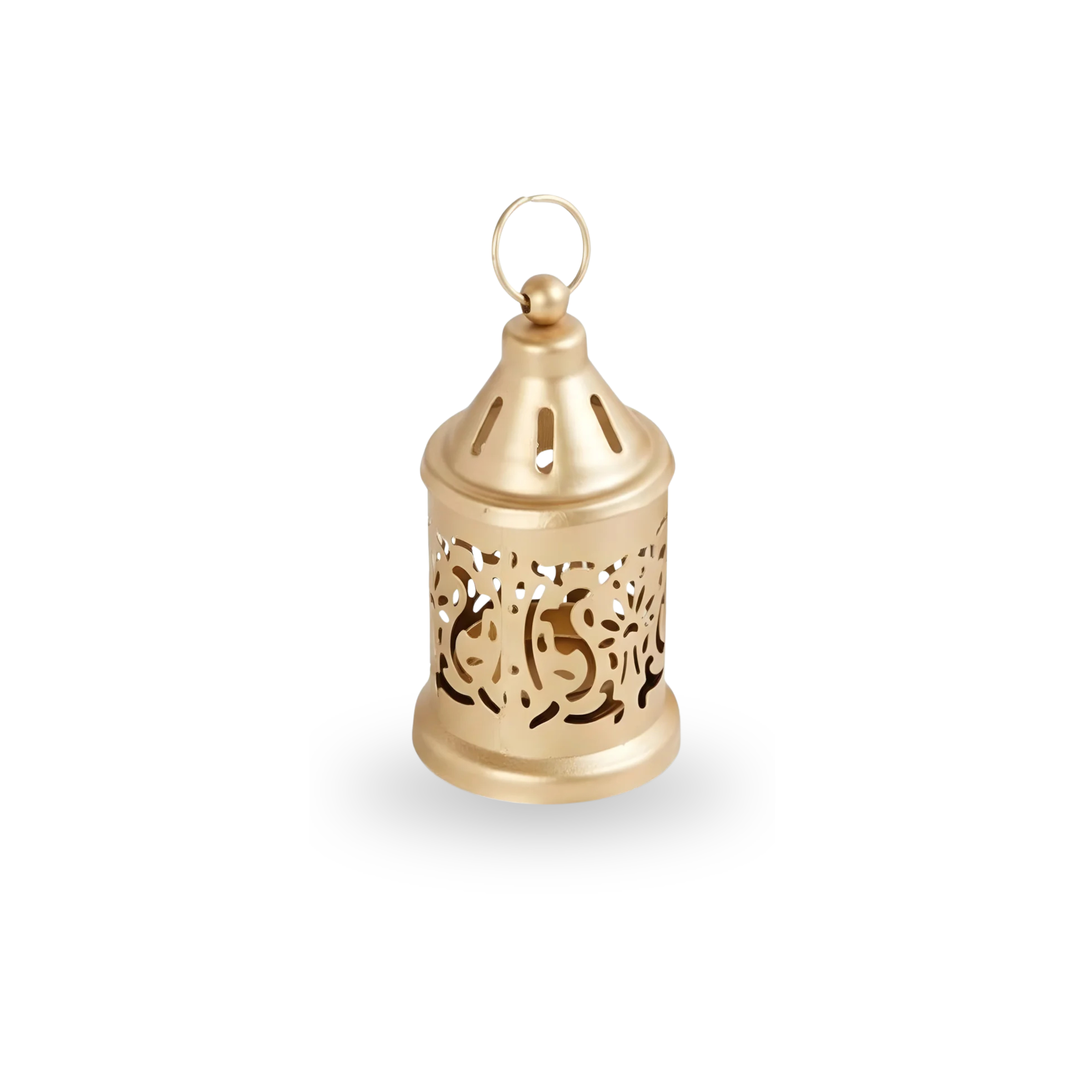 Golden decorative lantern with intricate patterns on a white background