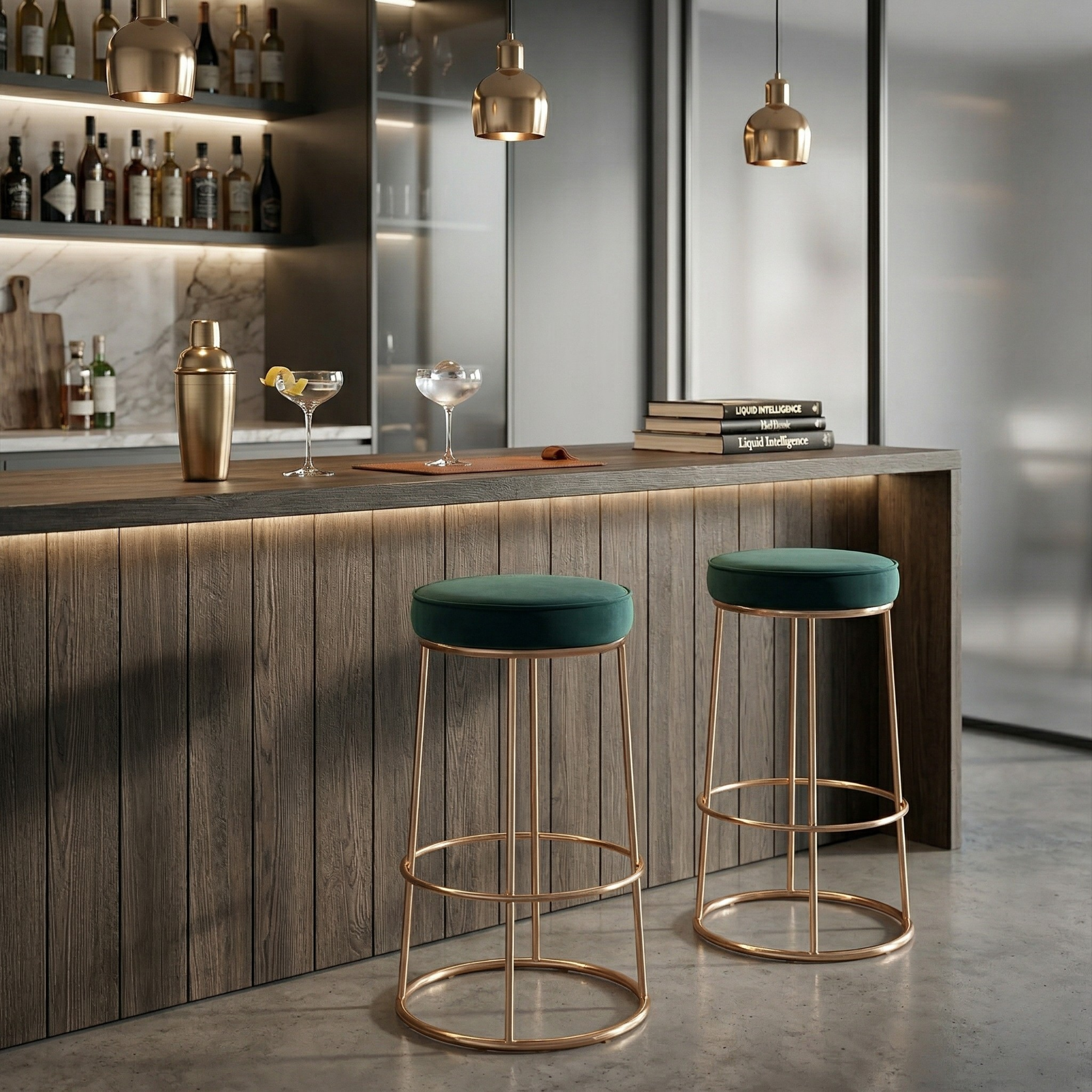Black Velvet Counter Height Bar Stool with Footrest | Rustic Gold Legs