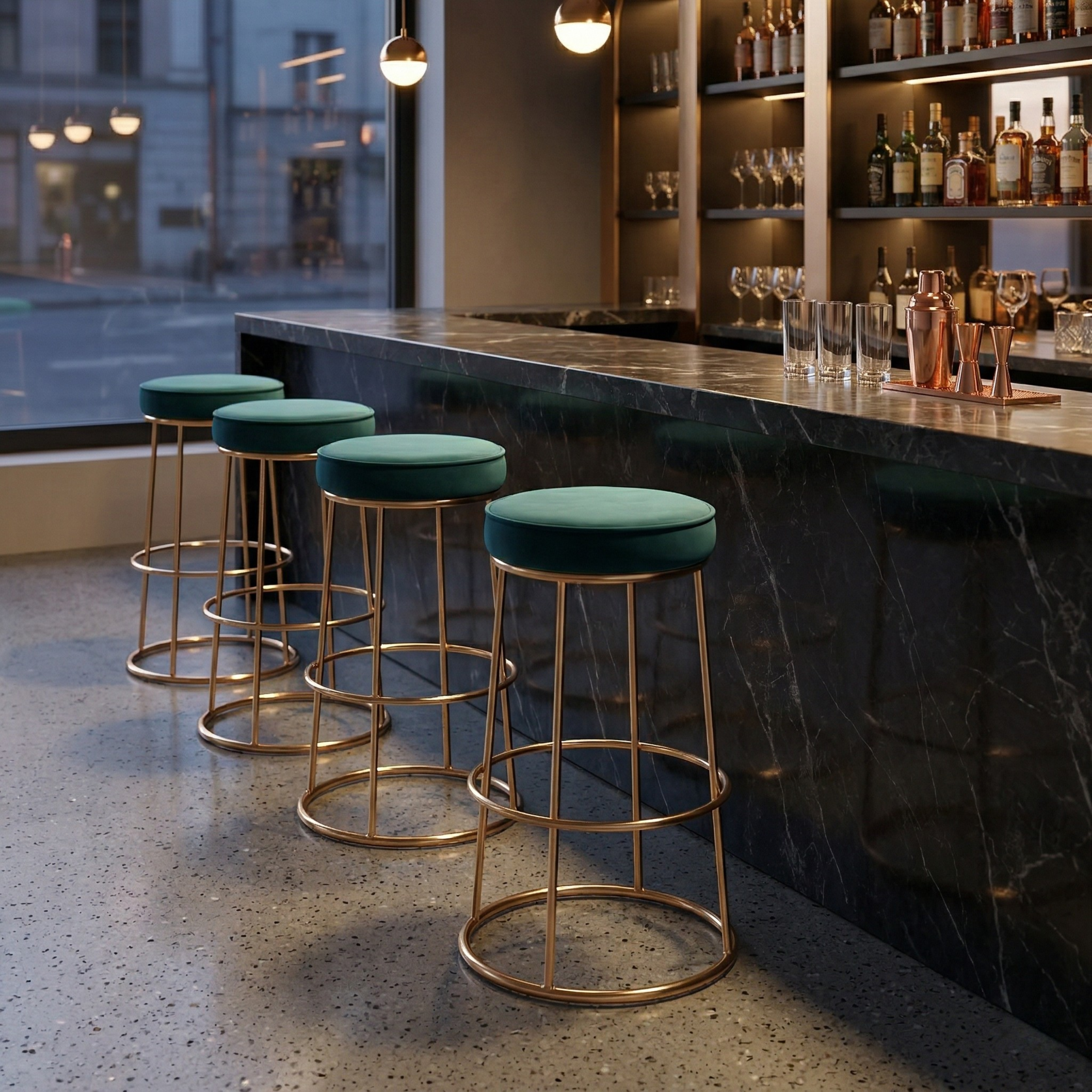Black Velvet Counter Height Bar Stool with Footrest | Rustic Gold Legs