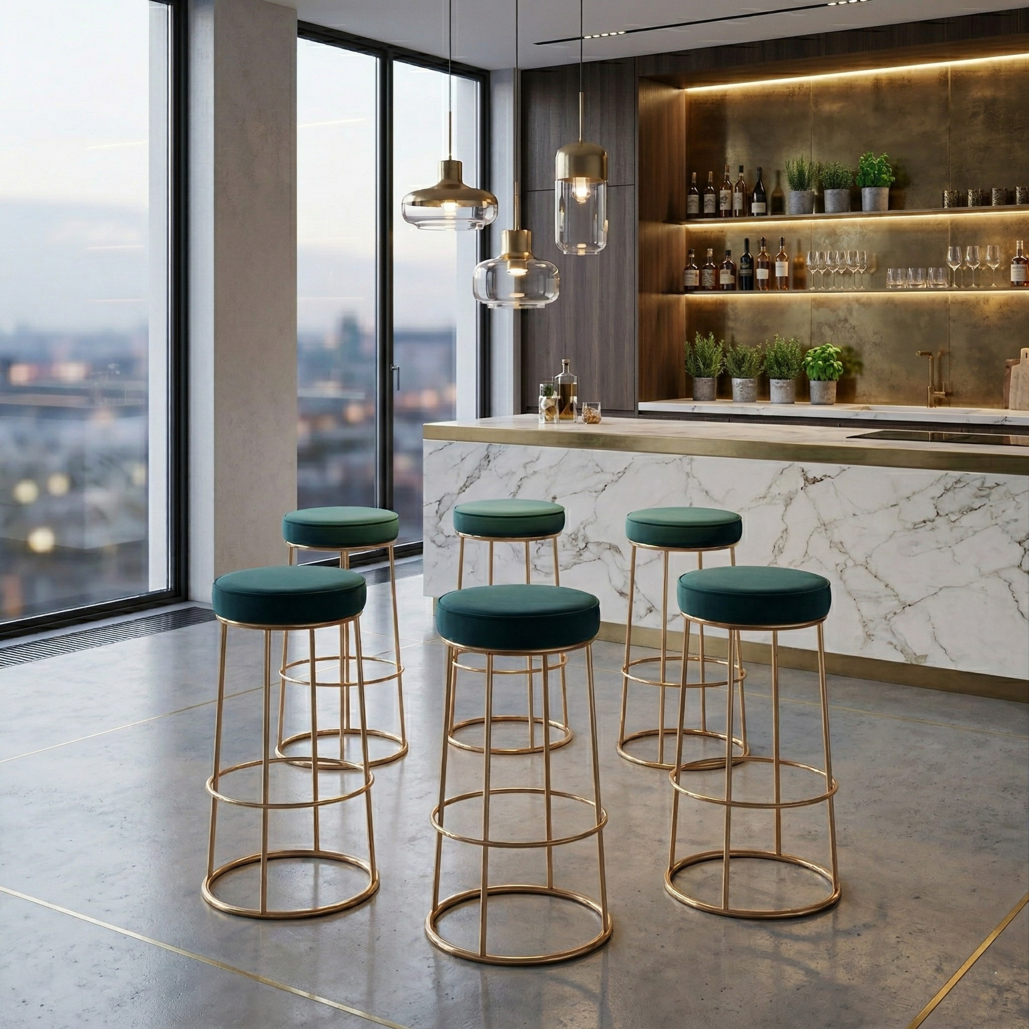 Black Velvet Counter Height Bar Stool with Footrest | Rustic Gold Legs