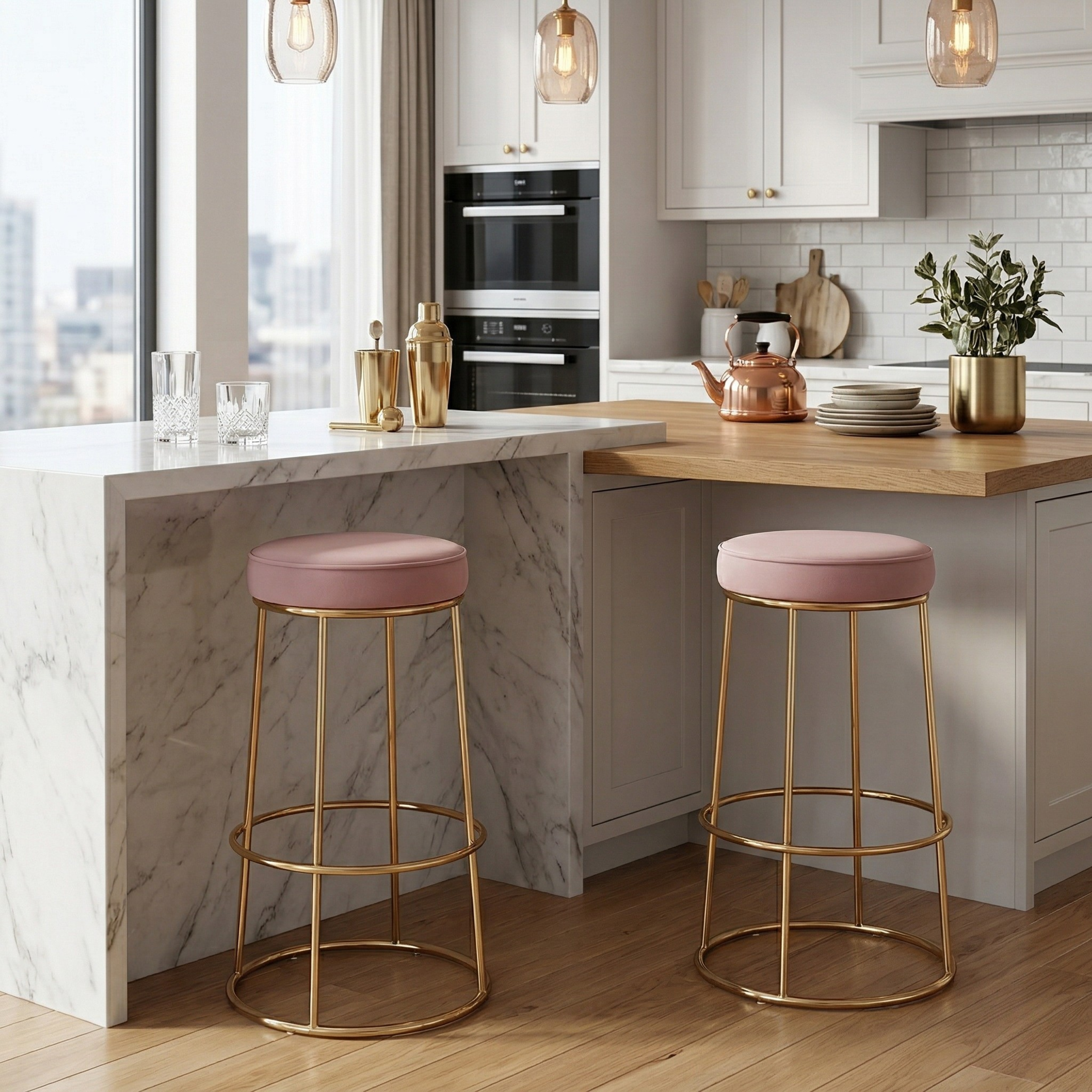 Black Velvet Counter Height Bar Stool with Footrest | Rustic Gold Legs
