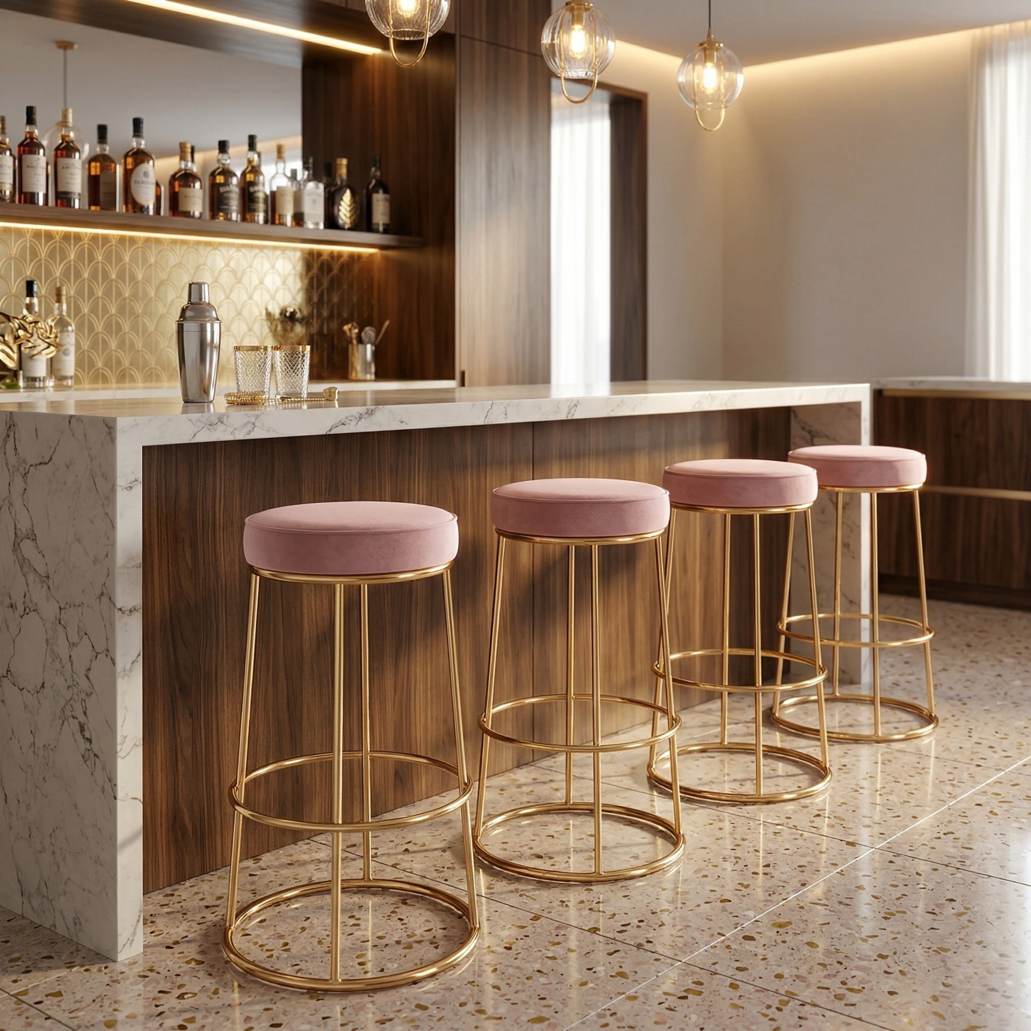 Black Velvet Counter Height Bar Stool with Footrest | Rustic Gold Legs