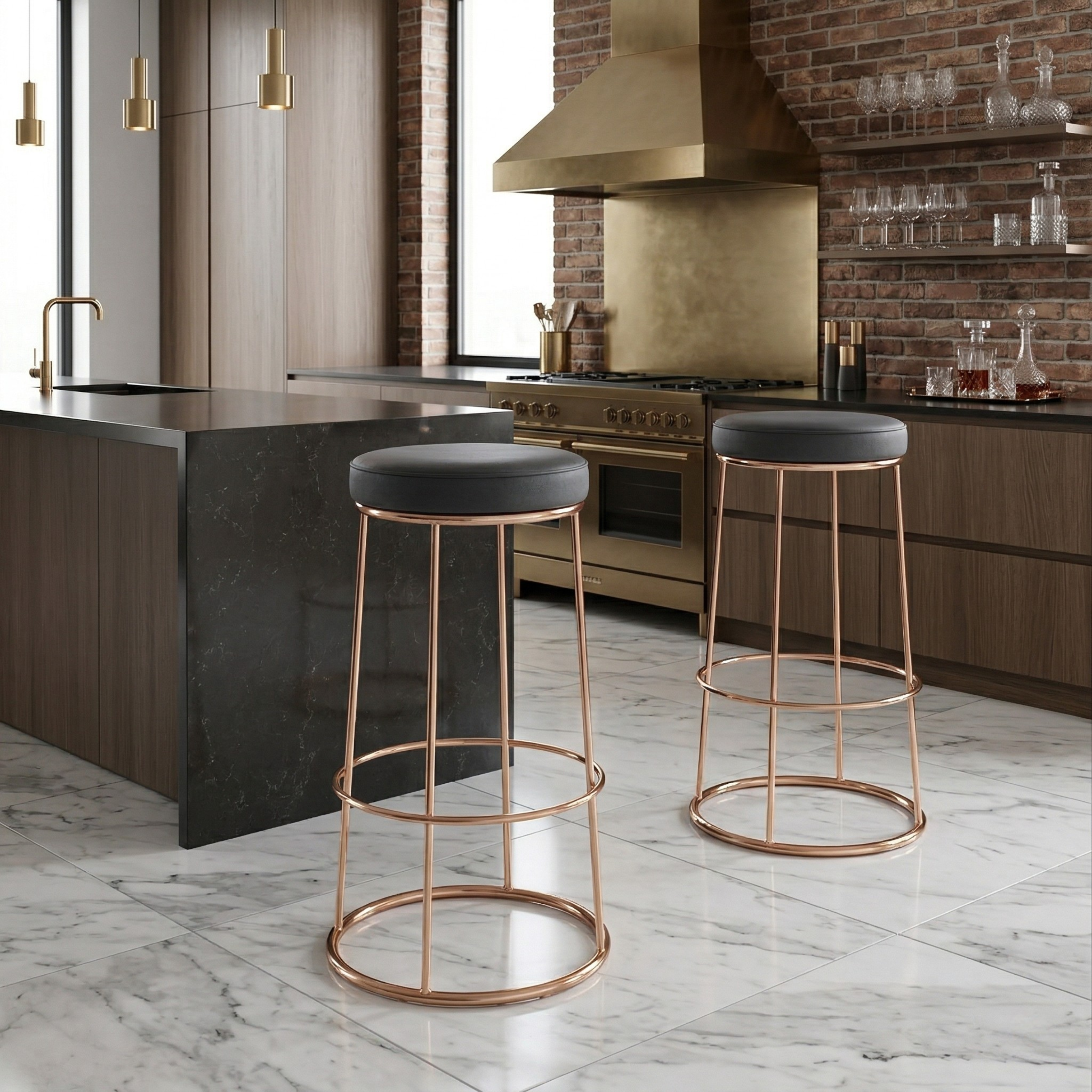 Black Velvet Counter Height Bar Stool with Footrest | Rustic Gold Legs