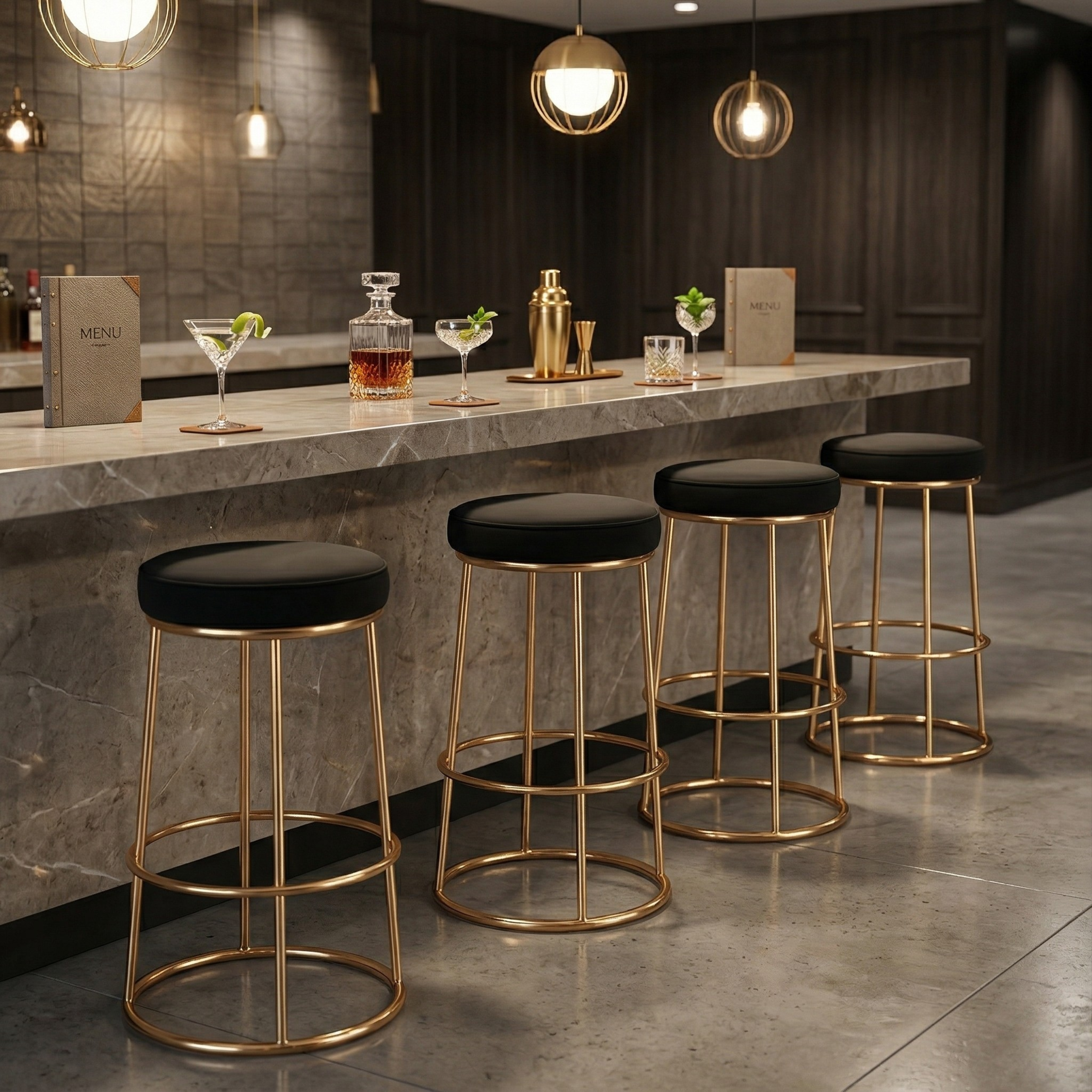 Black Velvet Counter Height Bar Stool with Footrest | Rustic Gold Legs