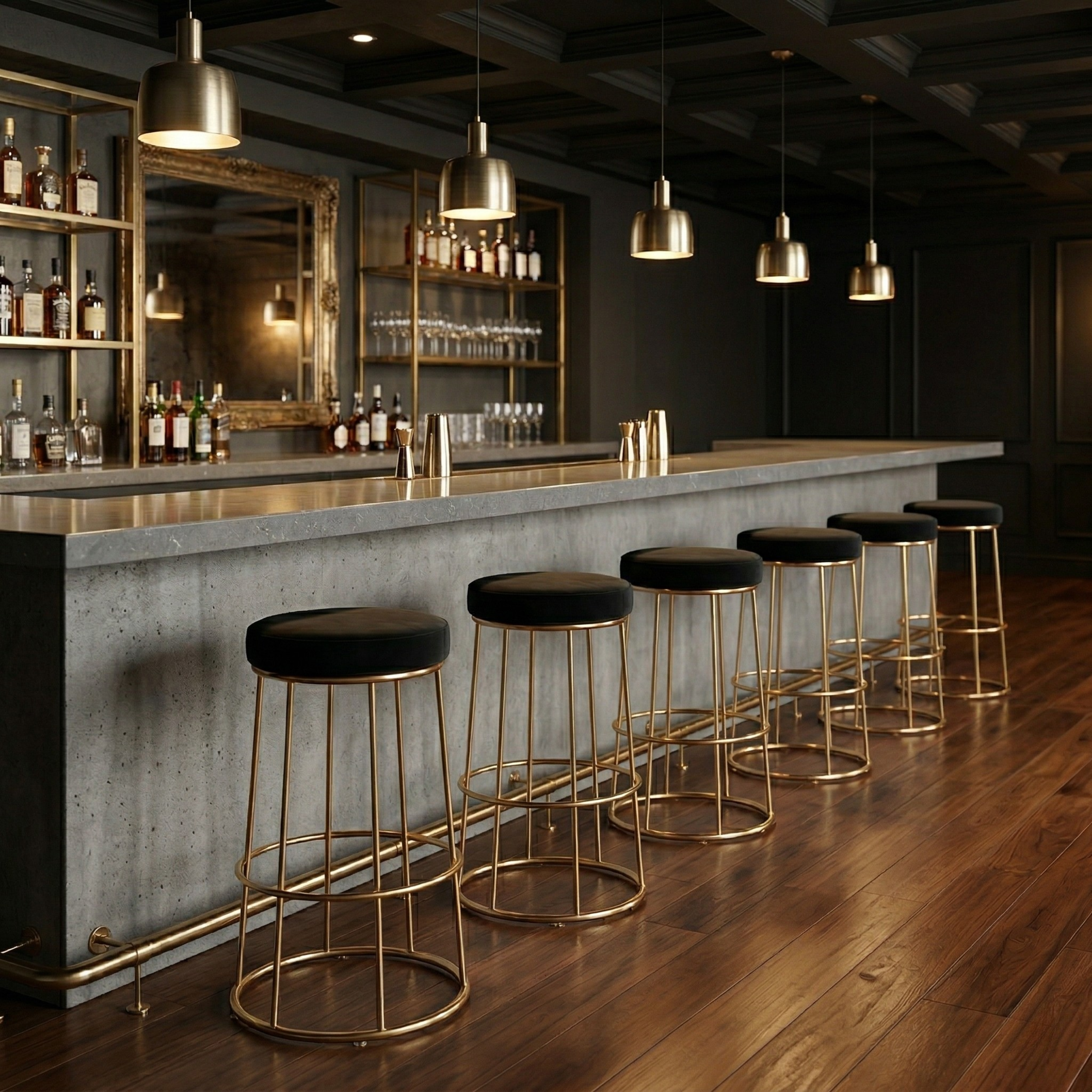 Black Velvet Counter Height Bar Stool with Footrest | Rustic Gold Legs