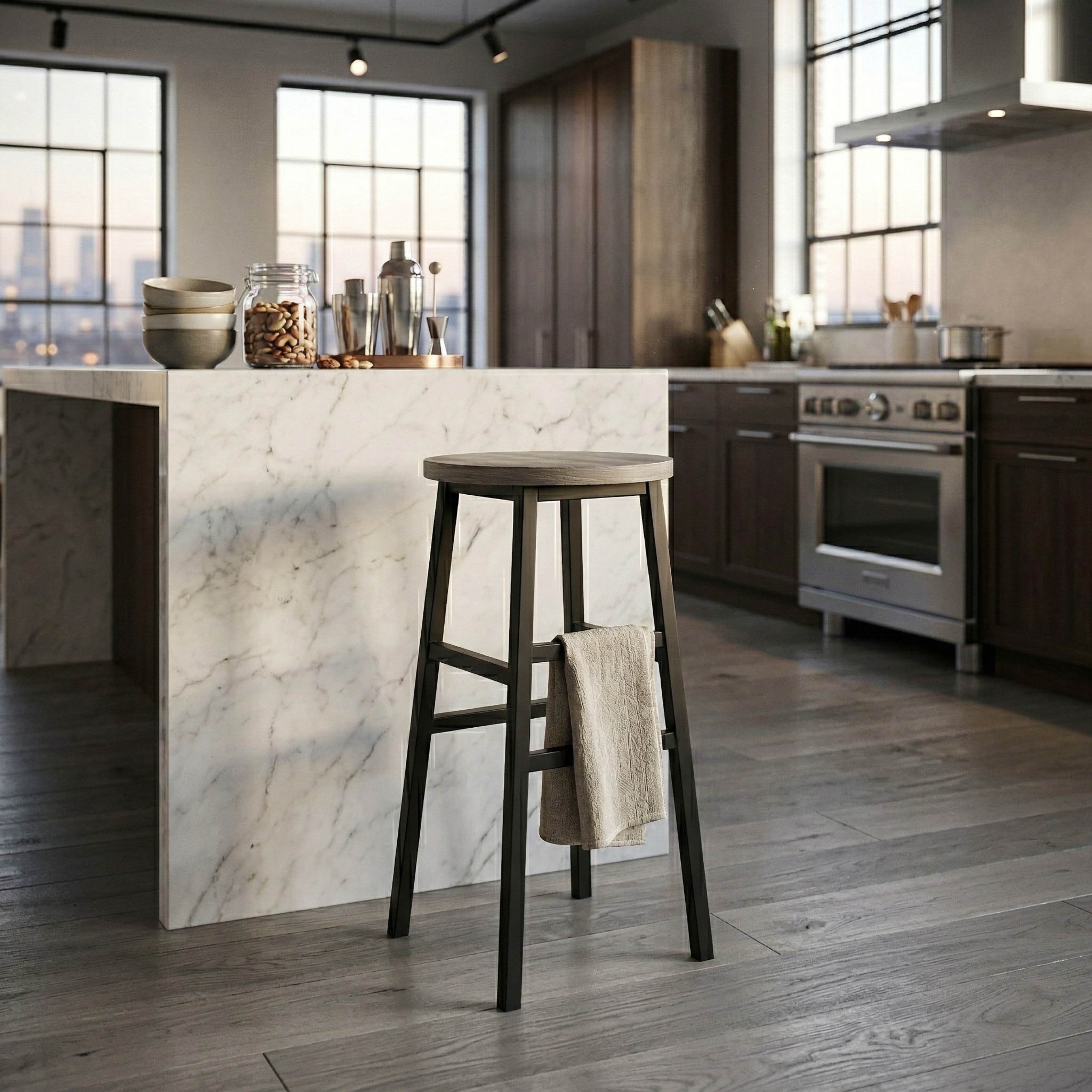 Wooden Top Tall Bar Stool with Metal Frame & Footrest | Kitchen Counter Seating