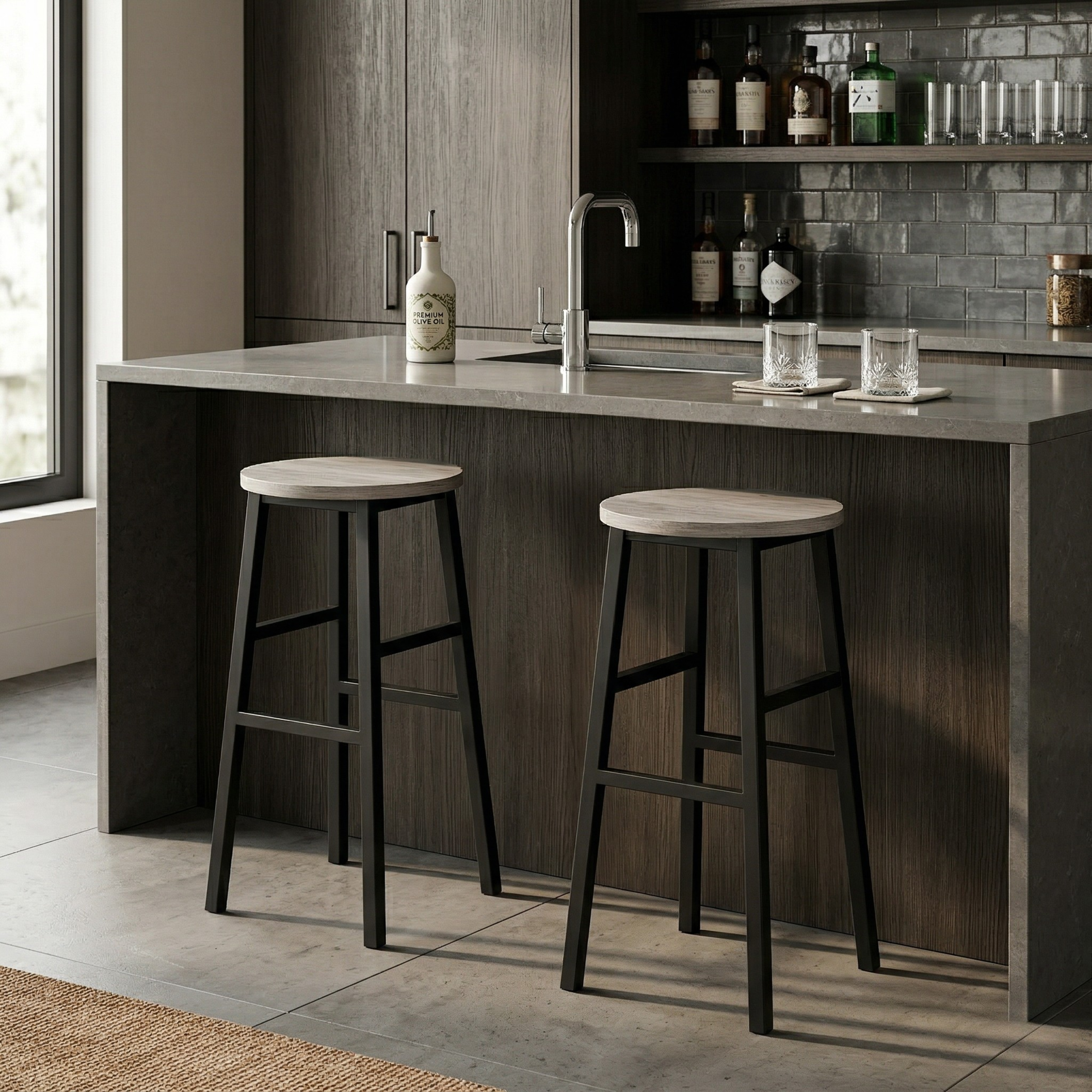 Wooden Top Tall Bar Stool with Metal Frame & Footrest | Kitchen Counter Seating