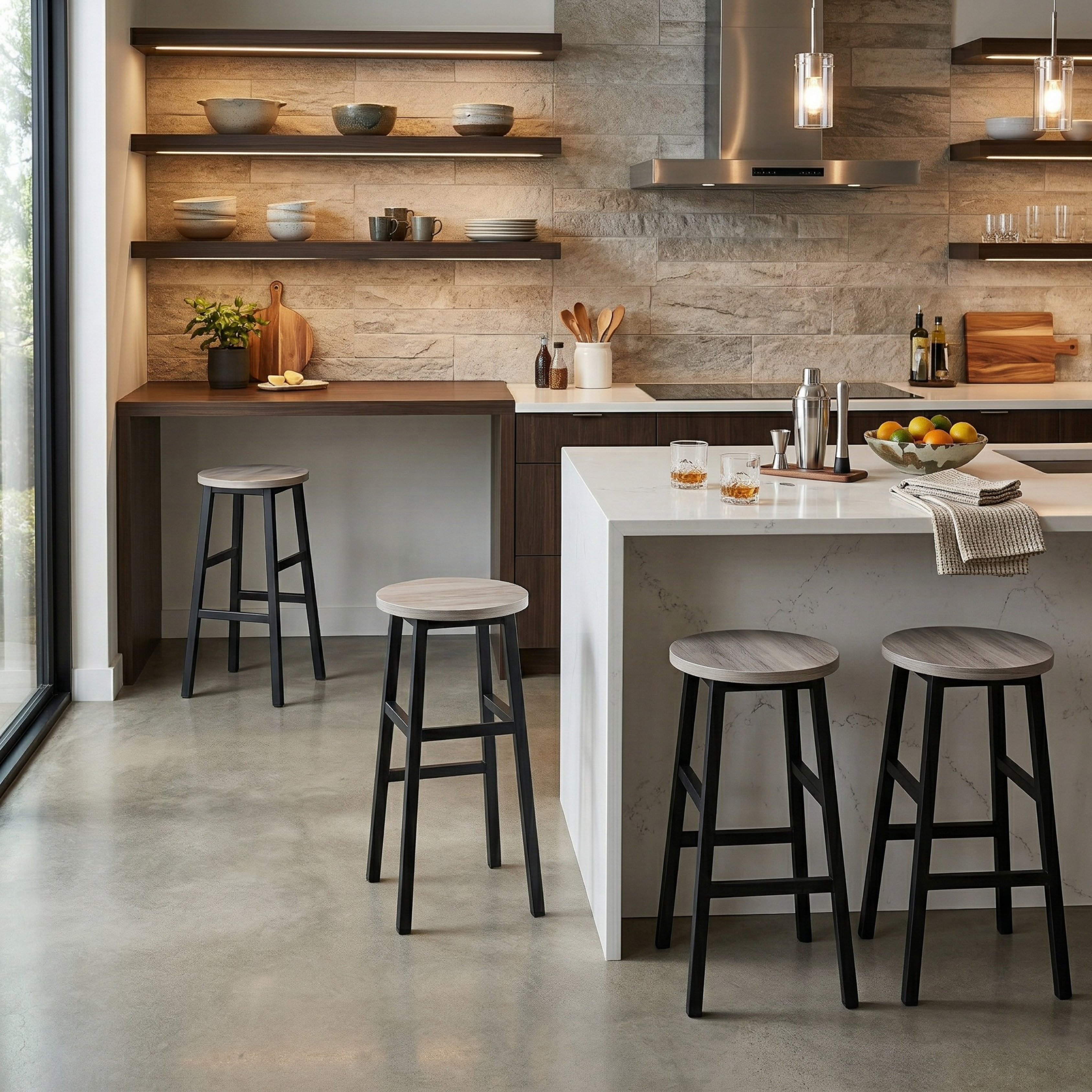 Wooden Top Tall Bar Stool with Metal Frame & Footrest | Kitchen Counter Seating