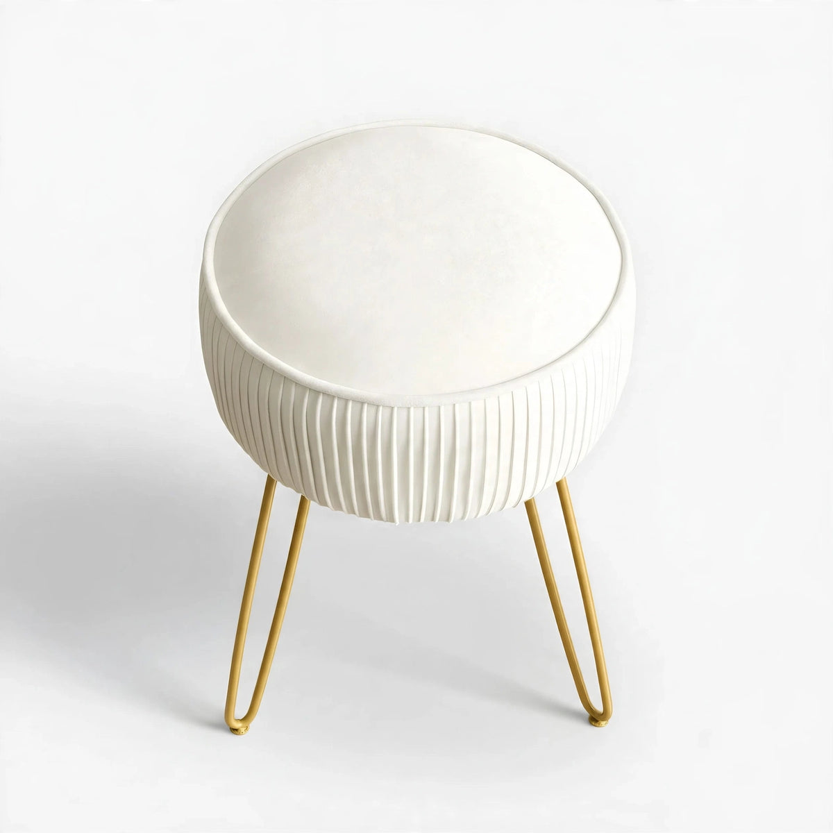 Pleated Velvet Vanity Stool with Gold Metal Legs | Upholstered Makeup Ottoman for Bedroom & Living Room