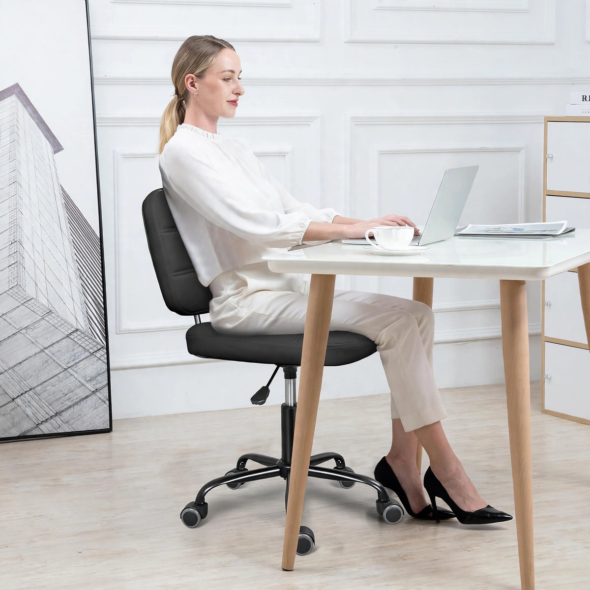 Premium Leather Executive Office Chair | Armless Ergonomic Swivel Cushioned Chair for Home & Workstation