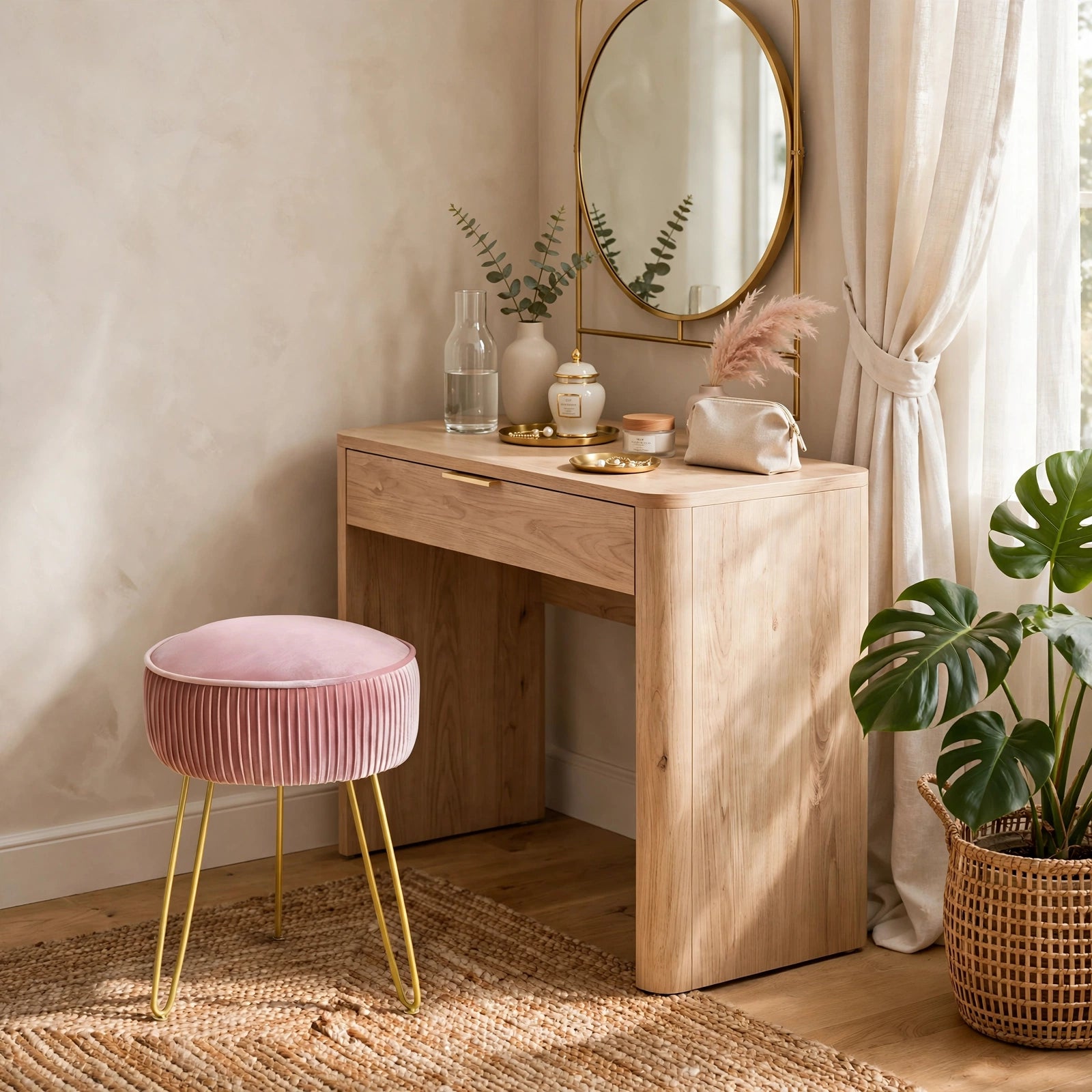 Pleated Velvet Vanity Stool with Gold Metal Legs | Upholstered Makeup Ottoman for Bedroom & Living Room