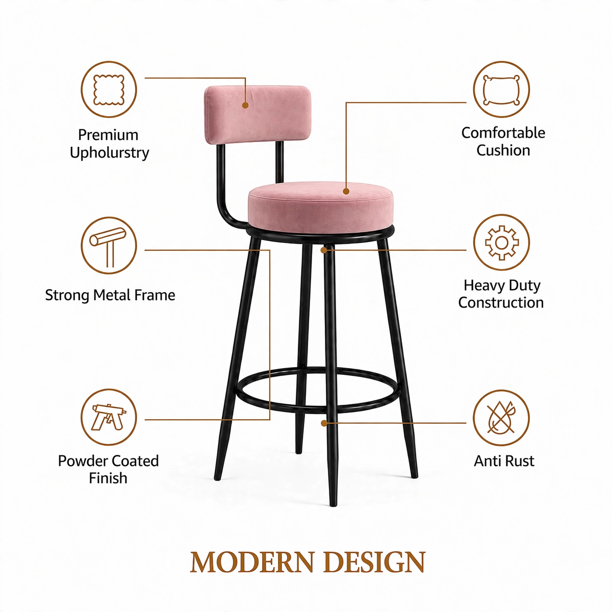 Nutech Decor Velvet Counter Height Bar Stool with Padded Backrest with Black & Gold Legs | Kitchen & Bar Seating
