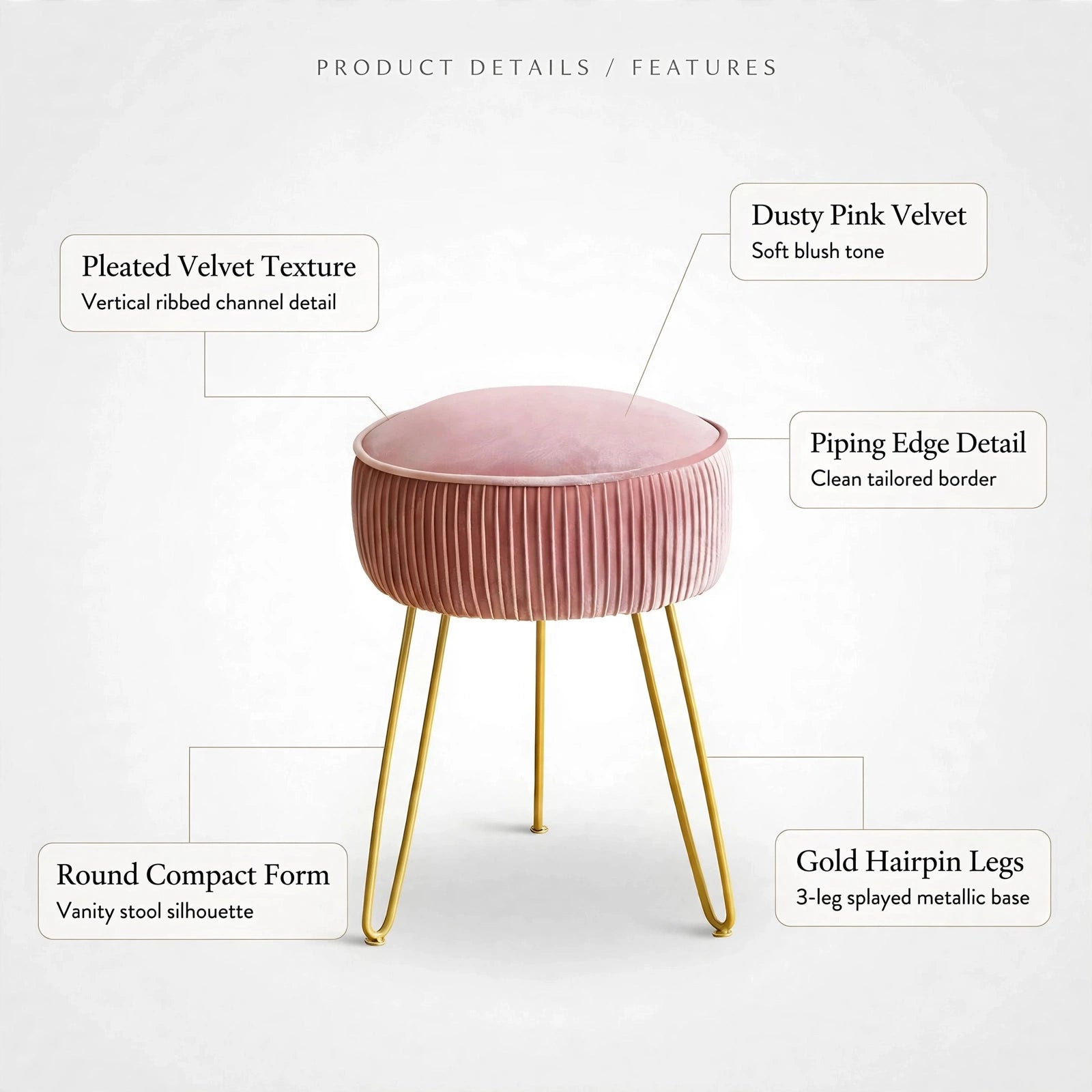Pleated Velvet Vanity Stool with Gold Metal Legs | Upholstered Makeup Ottoman for Bedroom & Living Room