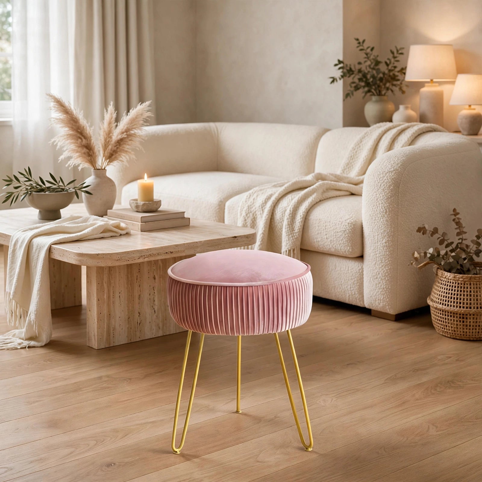 Pleated Velvet Vanity Stool with Gold Metal Legs | Upholstered Makeup Ottoman for Bedroom & Living Room