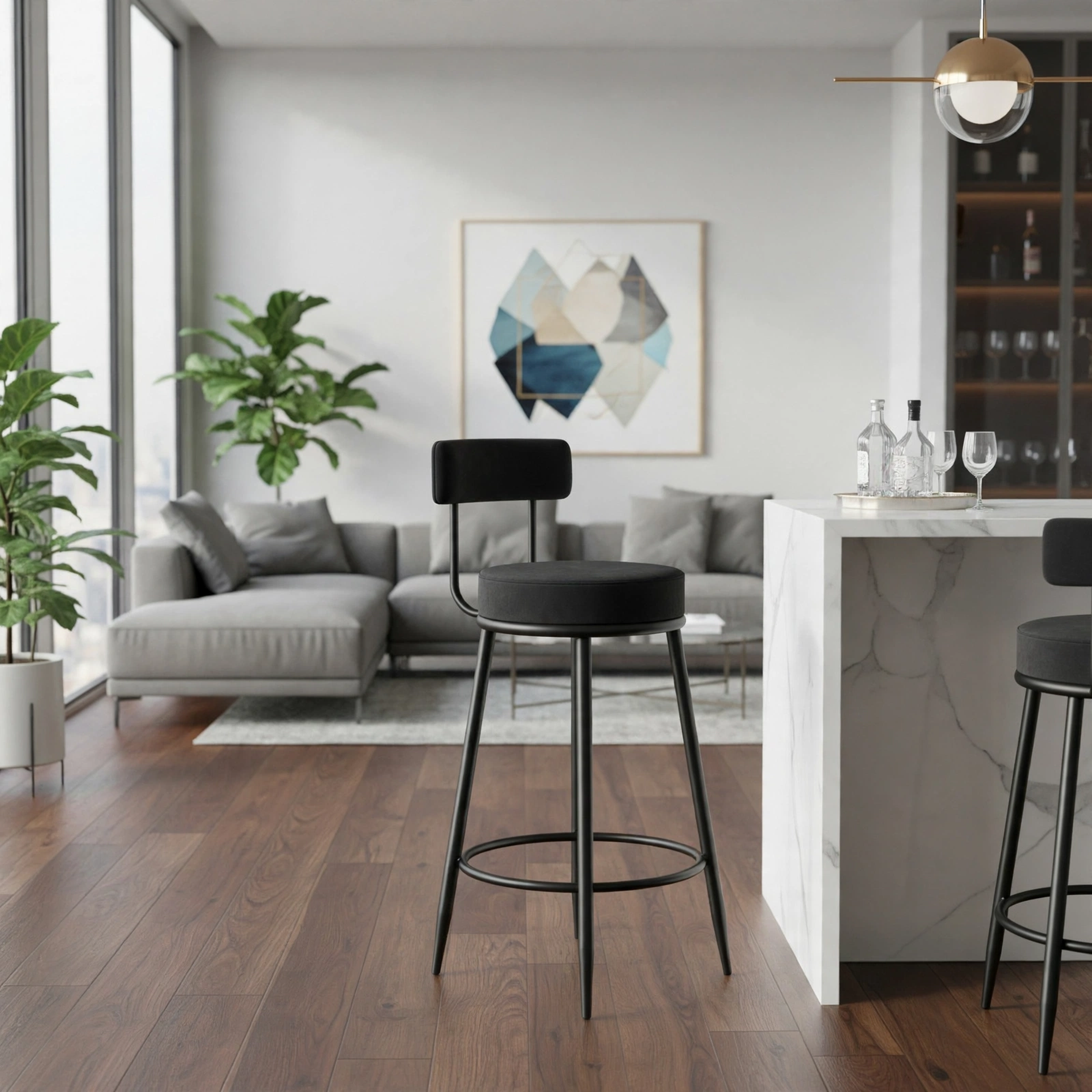 Nutech Decor Velvet Counter Height Bar Stool with Padded Backrest with Black & Gold Legs | Kitchen & Bar Seating