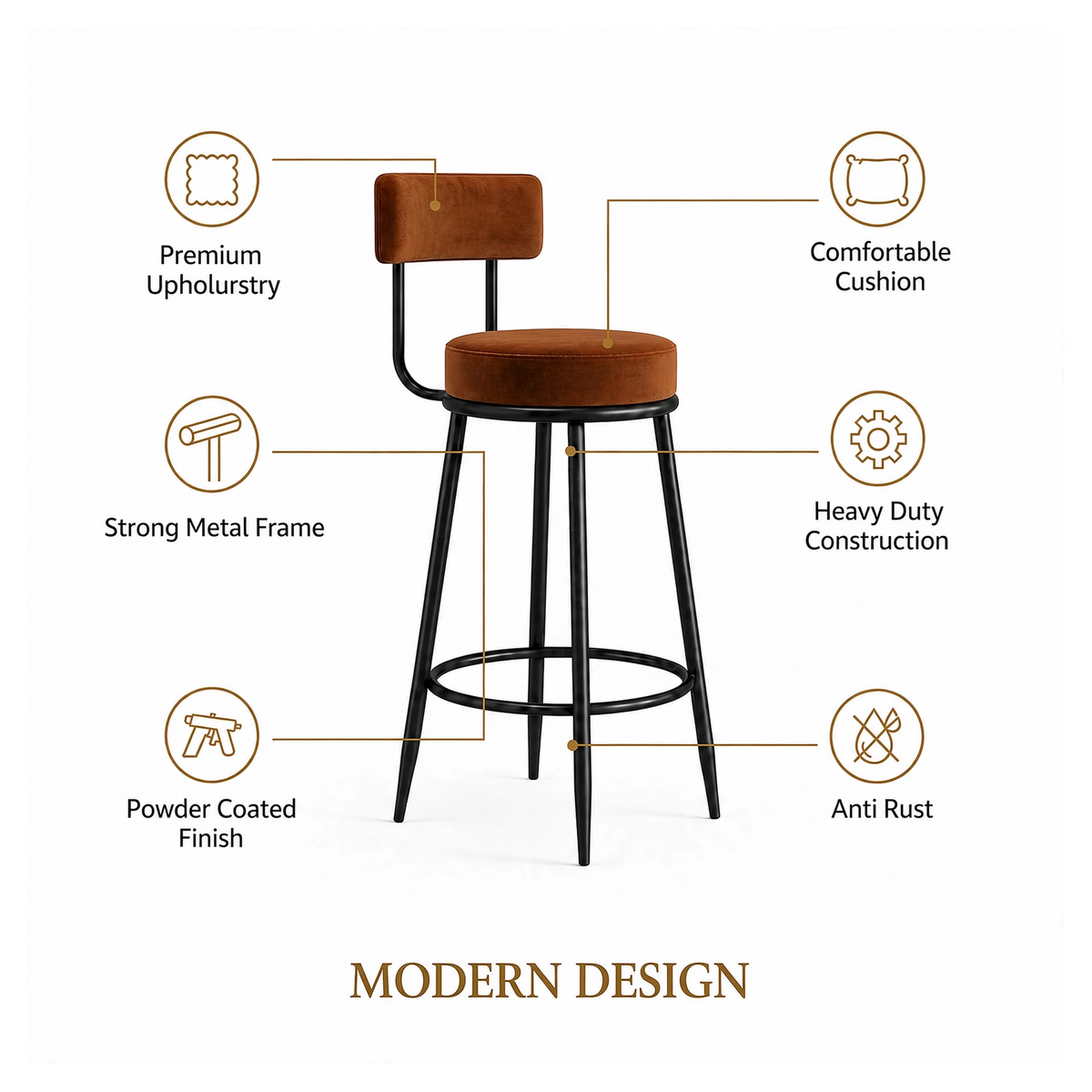 Nutech Decor Velvet Counter Height Bar Stool with Padded Backrest with Black & Gold Legs | Kitchen & Bar Seating