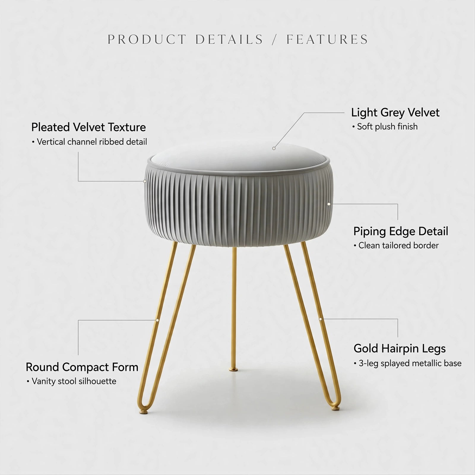 Pleated Velvet Vanity Stool with Gold Metal Legs | Upholstered Makeup Ottoman for Bedroom & Living Room