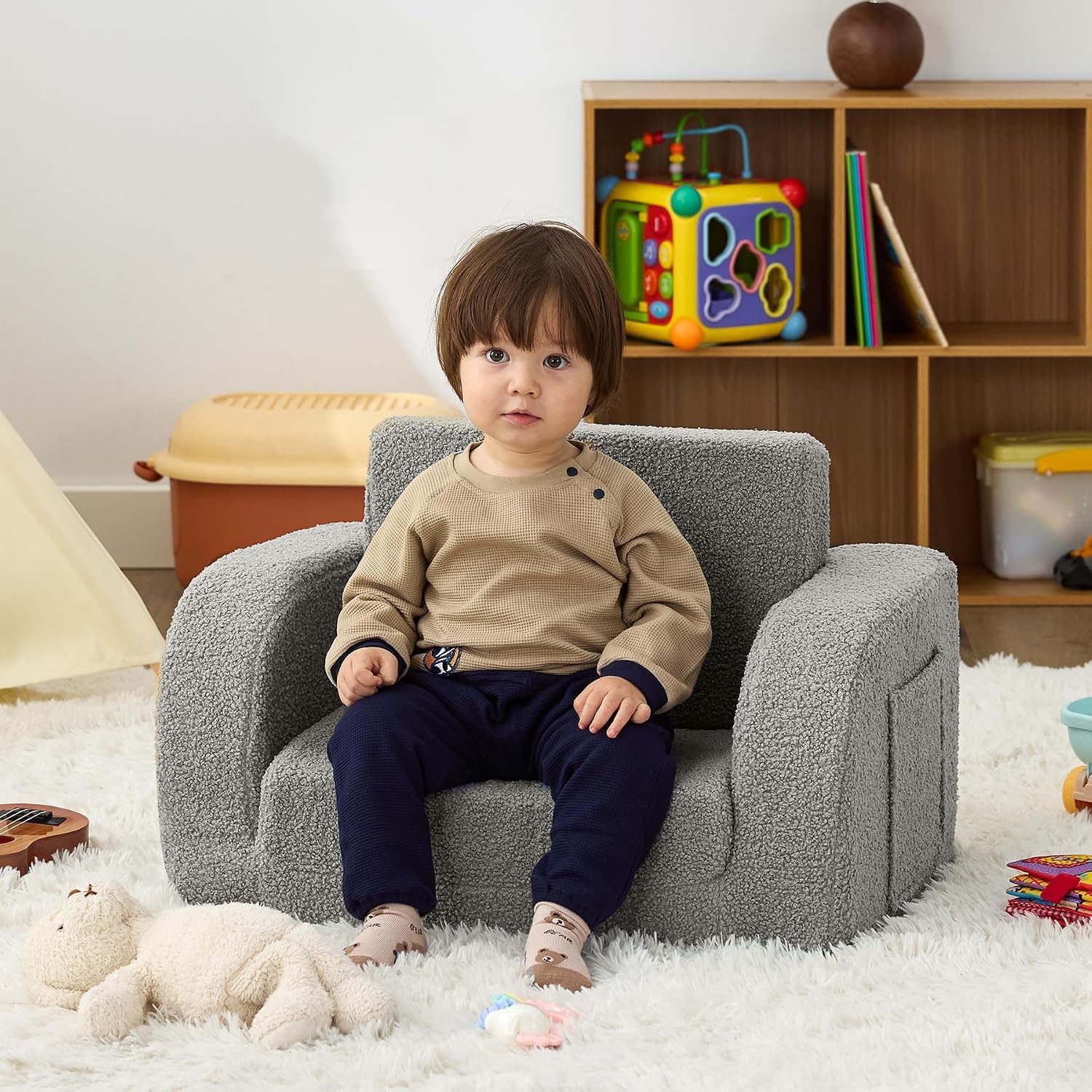 Nutech Decor 2-in-1 Toddler Couch Soft Sherpa Plush Kids Sofa & Lounger