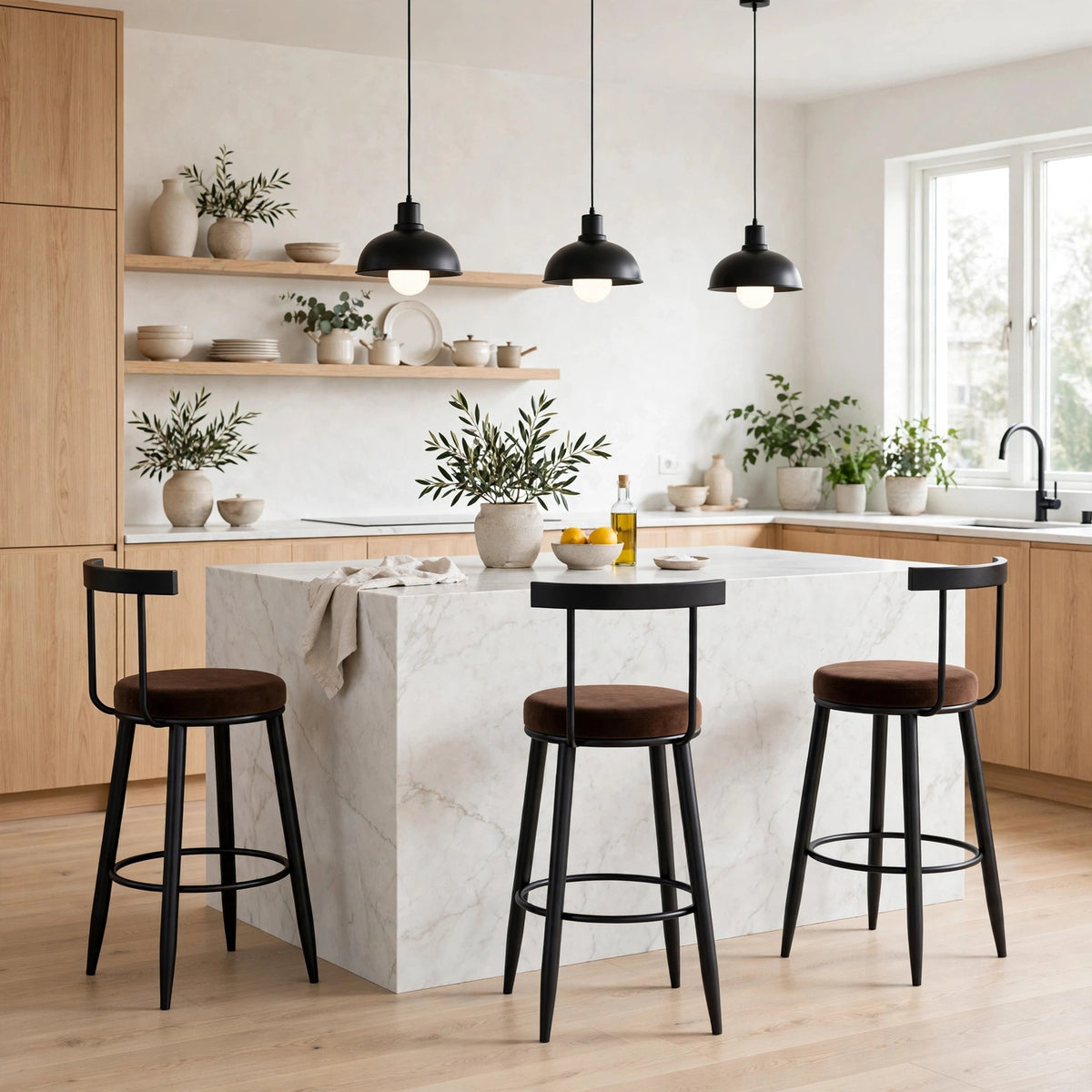 Nutech Decor Velvet Counter Height Bar Stool with Solid Backrest with Black & Gold Legs | Kitchen & Bar Seating