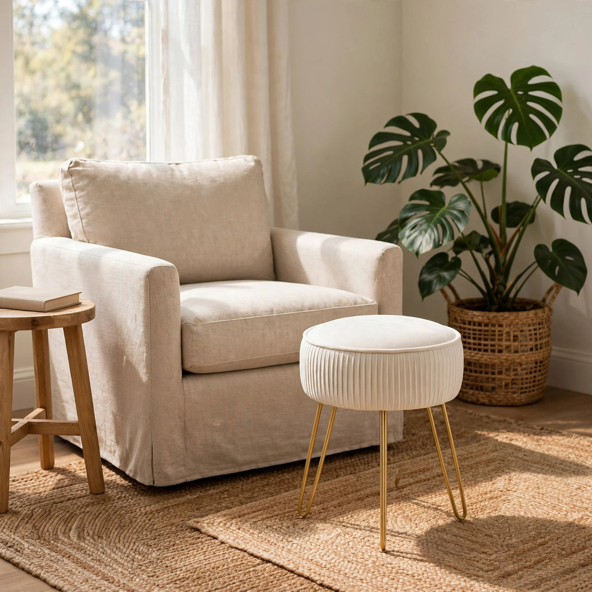 Pleated Velvet Vanity Stool with Gold Metal Legs | Upholstered Makeup Ottoman for Bedroom & Living Room