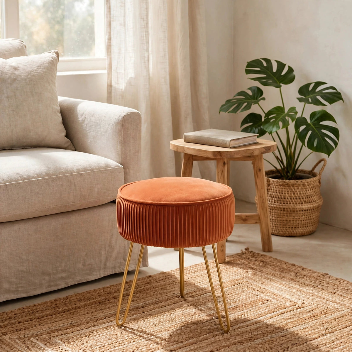 Pleated Velvet Vanity Stool with Gold Metal Legs | Upholstered Makeup Ottoman for Bedroom & Living Room