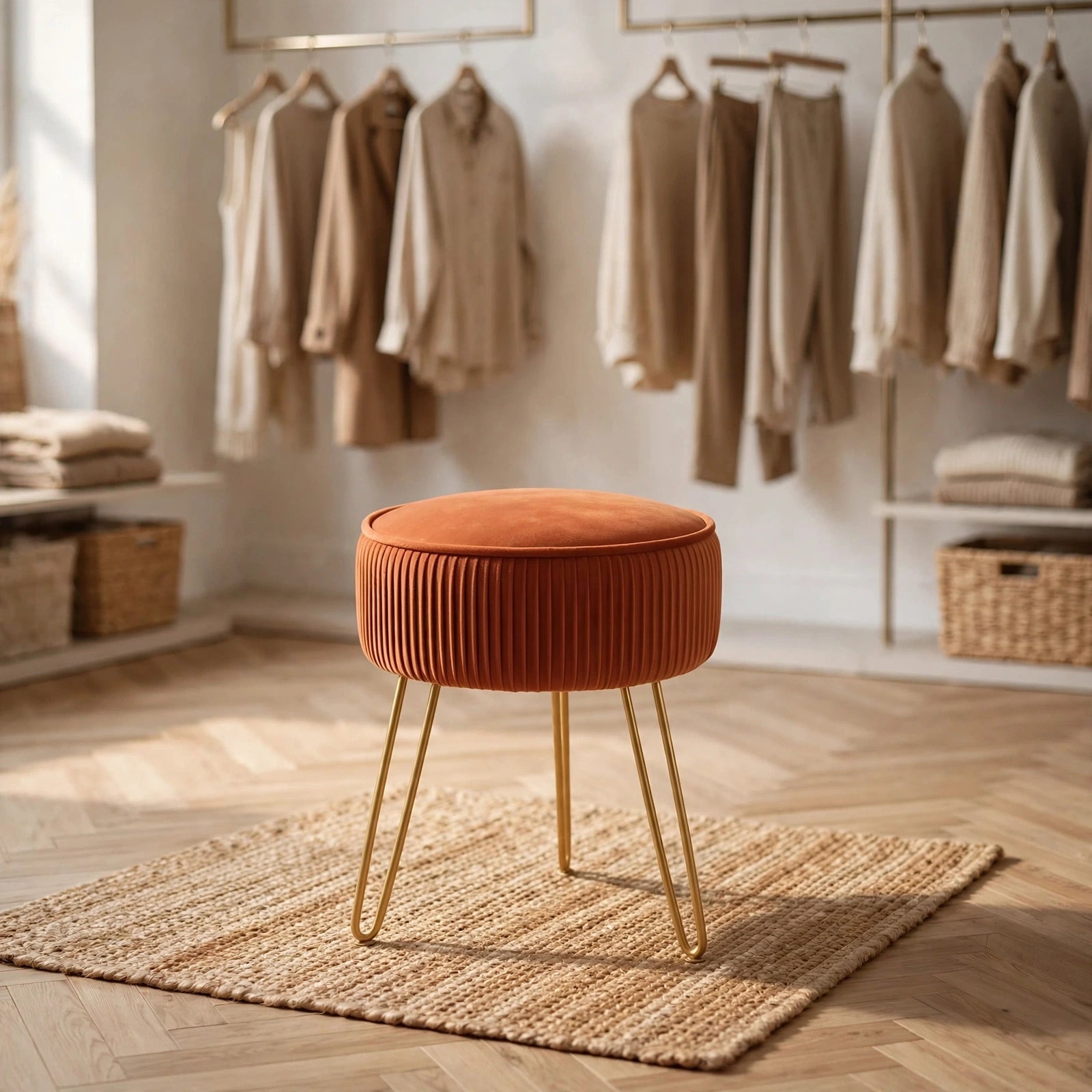 Pleated Velvet Vanity Stool with Gold Metal Legs | Upholstered Makeup Ottoman for Bedroom & Living Room