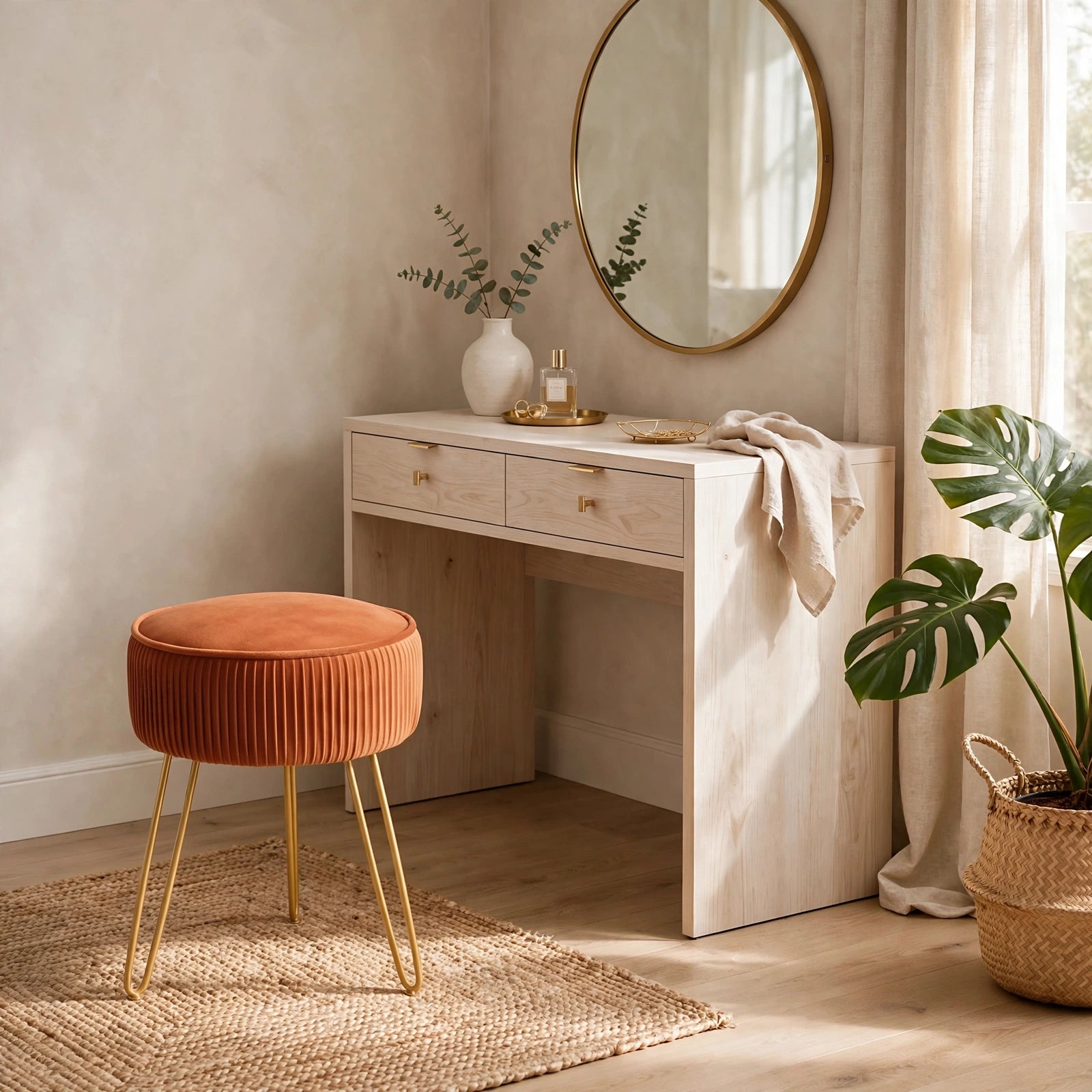 Pleated Velvet Vanity Stool with Gold Metal Legs | Upholstered Makeup Ottoman for Bedroom & Living Room