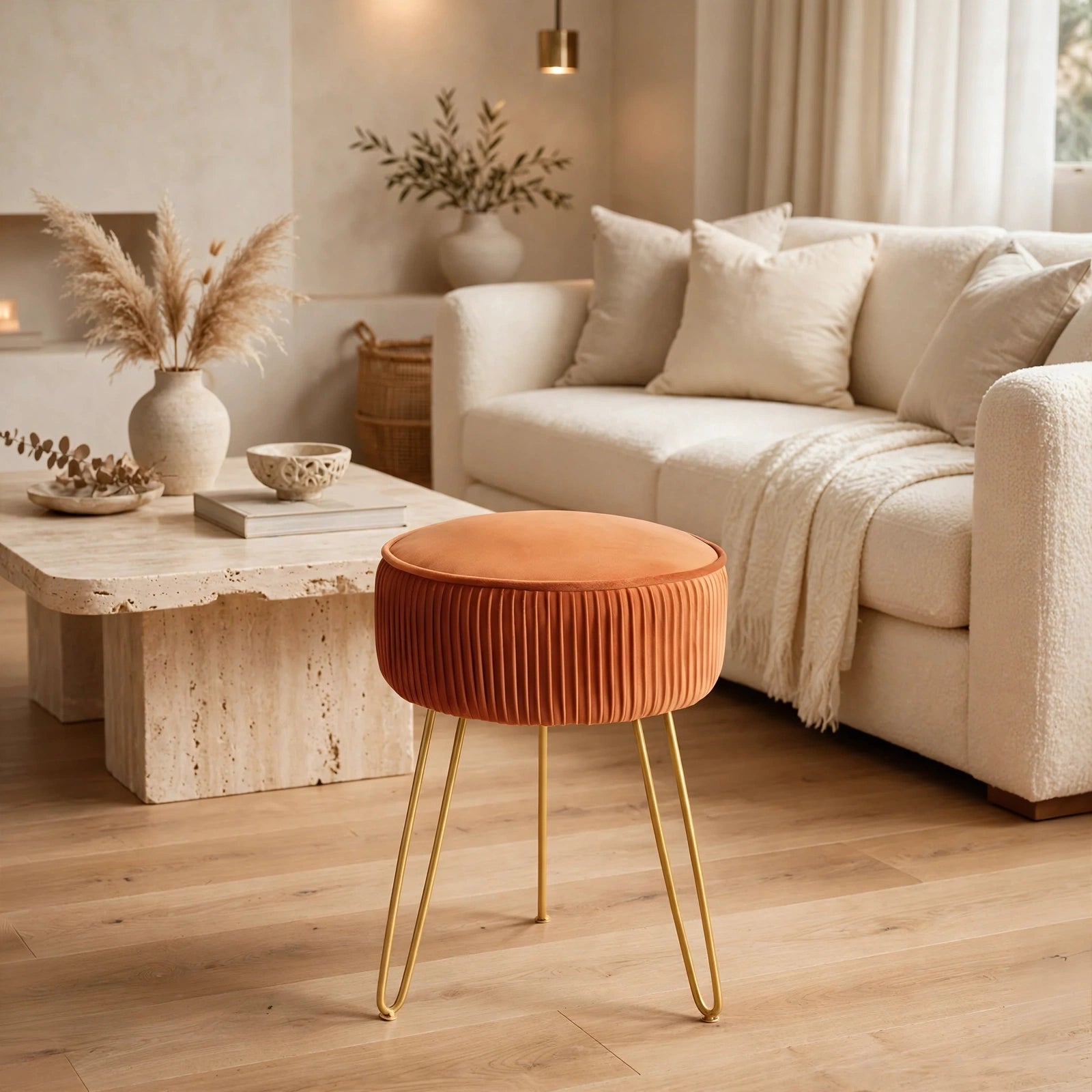 Pleated Velvet Vanity Stool with Gold Metal Legs | Upholstered Makeup Ottoman for Bedroom & Living Room
