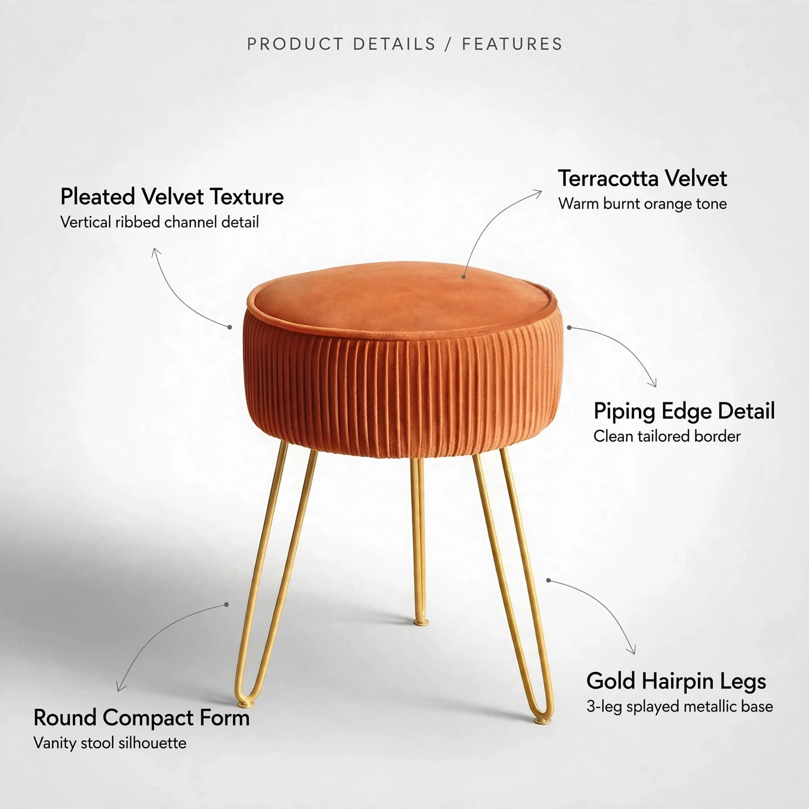 Pleated Velvet Vanity Stool with Gold Metal Legs | Upholstered Makeup Ottoman for Bedroom & Living Room
