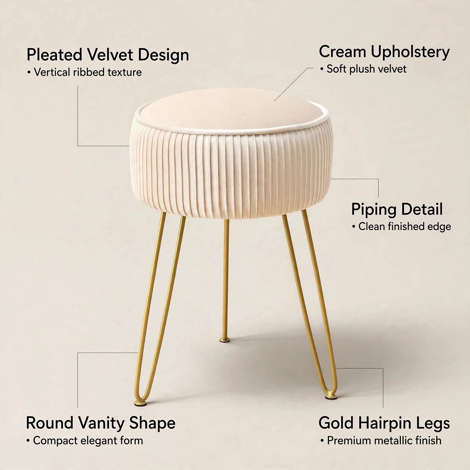Pleated Velvet Vanity Stool with Gold Metal Legs | Upholstered Makeup Ottoman for Bedroom & Living Room