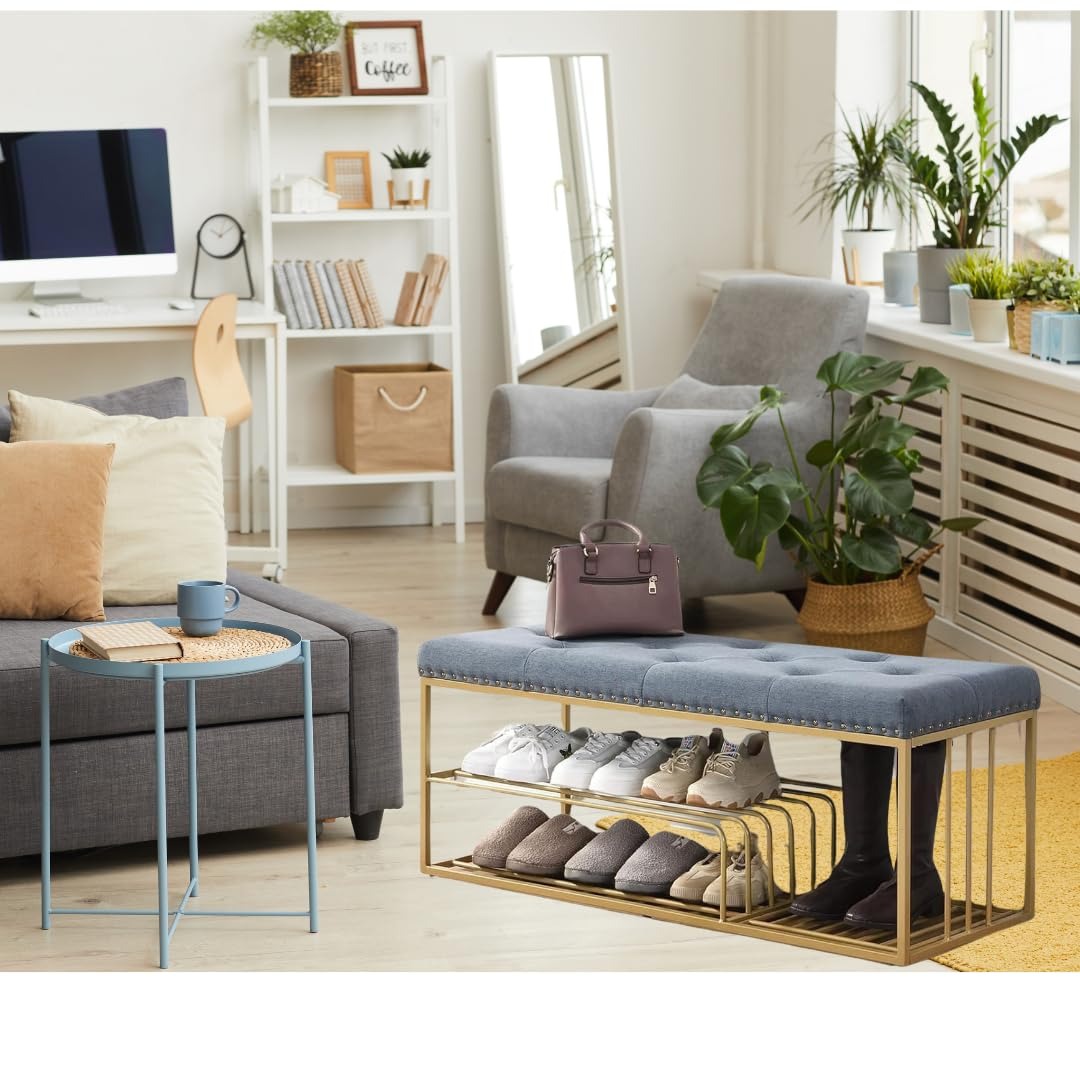 Nutech ImpexVelvet Shoe Changing Rack End of Bed Bench-Upholstered Entry Shoe Storage with Metal Frame Ottoman Bench